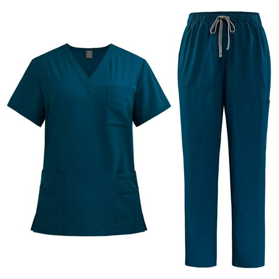 Loopsun Womens Scrub Sets, Women Solid Color Loose Drawstring Pants Pocket Short Sleeve V-Neck Blouses Nursing Uniform Set Navy M