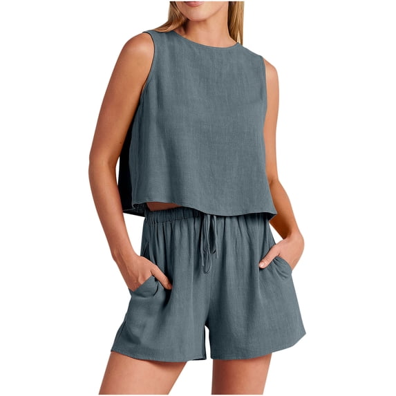 Summer Savings Clearance 2025! Loopsun Womens Sets, Cotton Linen Crew Neck Sleeveless Solid Fashion Loose Tank and Shorts with Pockets Two-Piece Suit Gray
