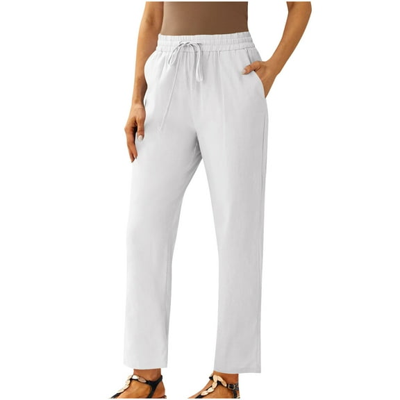 Loopsun Womens Summer Cropped Pants, Plus Size Linen Pants Women, Women's Solid Color Drawstring Cotton and Linen Straight Leg Casual Cropped Pants White XXL