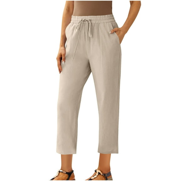 Loopsun Womens Summer Cropped Pants, Plus Size Linen Pants Women, Women's Solid Color Drawstring Cotton and Linen Straight Leg Casual Cropped Pants Beige XL