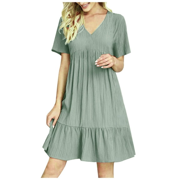Loopsun Womens Summer Dresses, Casual V-Neck Short Sleeve Solid Loose Pleated High Waist Mini Dress Green