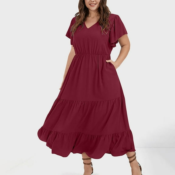 Loopsun Womens Summer Dresses, Casual V-Neck Short Sleeve Solid Plus Size Midi Dress with Pockets Wine