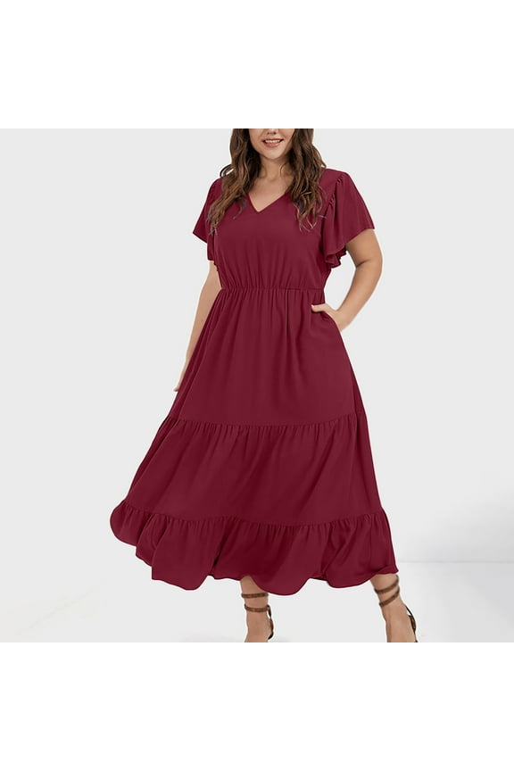 Womens Summer Dresses, Casual V-Neck Short Sleeve Solid Plus Size Midi Dress with Pockets Wine
