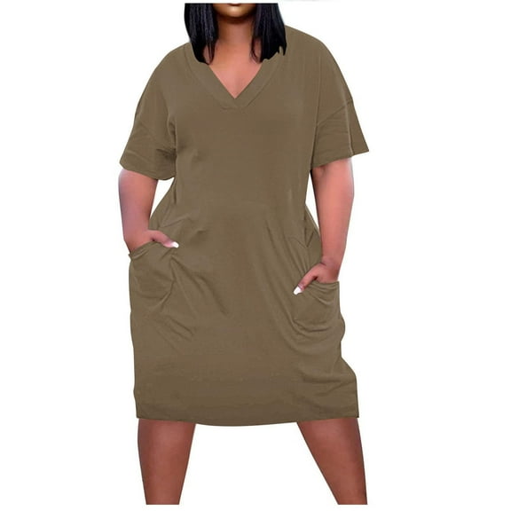 Loopsun Womens Summer Dresses, Plus Size Dress for Women, Casual V-Neck Short Sleeve Solid Plus Size Midi Dress with Pockets Coffee XL
