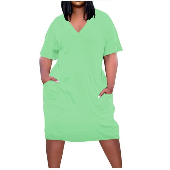 Loopsun Womens Summer Dresses, Plus Size Dress for Women, Casual V-Neck Short Sleeve Solid Plus Size Midi Dress with Pockets Green
