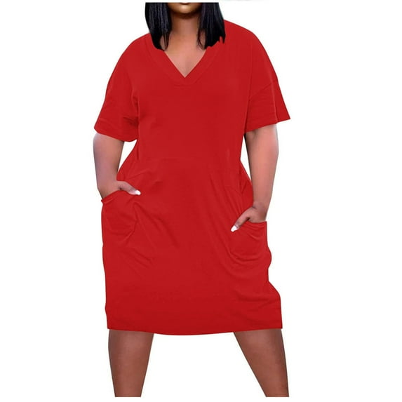 Loopsun Womens Summer Dresses, Plus Size Dress for Women, Casual V-Neck Short Sleeve Solid Plus Size Midi Dress with Pockets Red 4XL