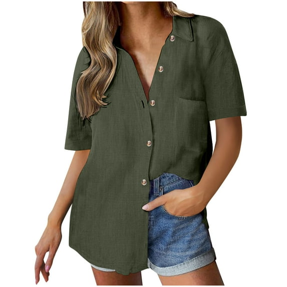 Loopsun Womens Summer Linen Top, Shirt for Women, Women's Solid Color Short Sleeve Loose Collared Casual Button Up Shirt Army Green S