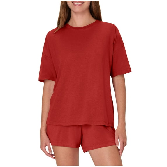 Loopsun Womens Summer Pajama Sets, Women's Casual Loose Solid Color Round Neck Short Sleeve Top and Shorts Pajamas Set Red L
