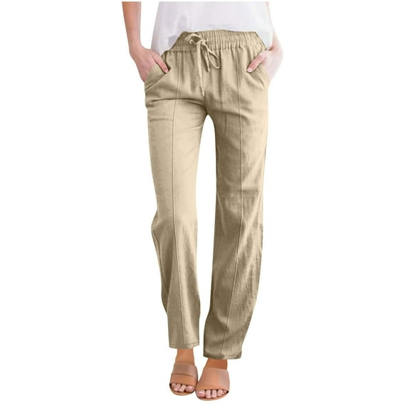 Loopsun Womens Summer Pants Plus Size, Linen Pants Women, Women's Solid Color Drawstring Cotton and Linen Straight Leg Casual Pants Beige S