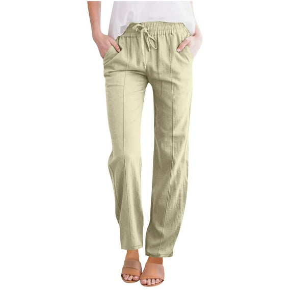 Loopsun Womens Summer Pants Plus Size, Linen Pants Women, Women's Solid Color Drawstring Cotton and Linen Straight Leg Casual Pants Beige XXXL