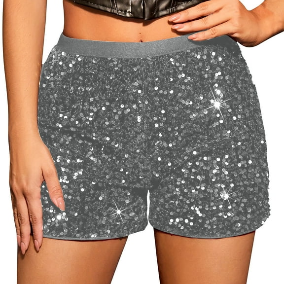 Loopsun Womens Summer Pants, Shorts for Women, Womens Fashion High Waist Solid Sequin Shorts Pants Silver S