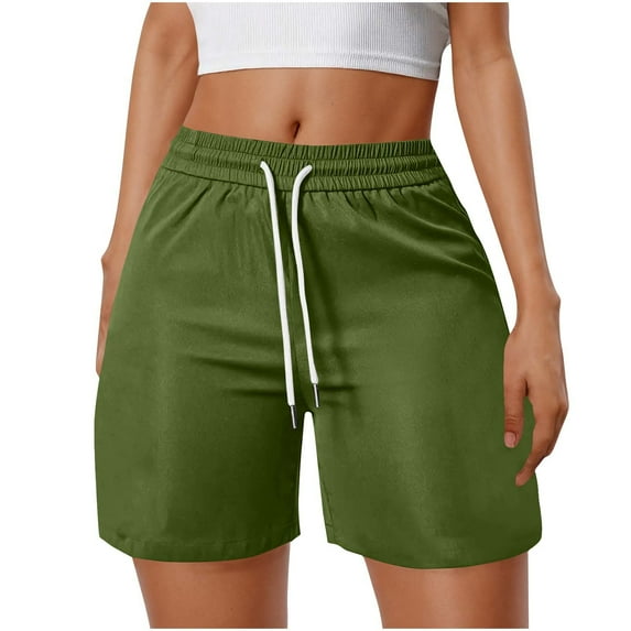 Loopsun Womens Summer Shorts, Casual Shorts for Women, Women's Fashion Solid Color Elastic Waistband Drawstring Shorts with Side Pockets for Casual Wear Army Green XXL