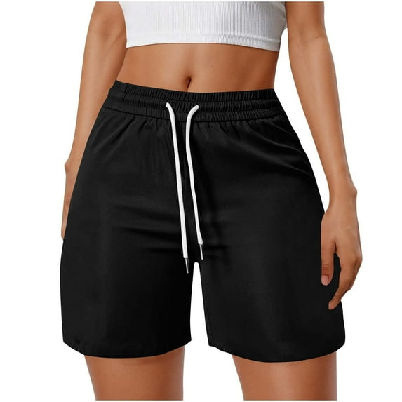 Loopsun Womens Summer Shorts, Casual Shorts for Women, Women's Fashion Solid Color Elastic Waistband Drawstring Shorts with Side Pockets for Casual Wear Black M