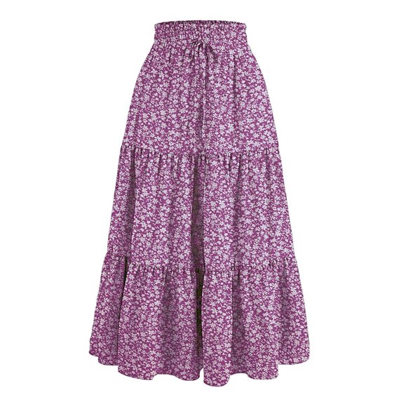 Loopsun Womens Summer Skirts, Fashion Women Casual Summer Print Elastic Waist Mid Calf Skirt Purple S