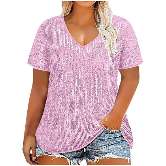 Loopsun Womens Summer Top Plus Size, T Shirts for Women, Plus Size Women Short Sleeve Sequins Polluer Solid V Neck Blouse Shirt Tops Pink XXXXXL