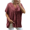 thumbnail image 1 of Summer Savings Clearance 2025! Loopsun Womens Summer Top Plus Size, T Shirts for Women, Women Short Sleeve Sequins Loose Pullover Solid V Neck Blouse Shirt Top Wine S, 1 of 5