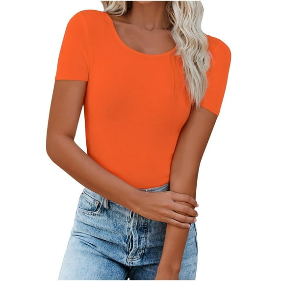 Loopsun Womens Summer Top Plus Size, T Shirts for Women, Women's Casual Solid Color Short Sleeve Crew Neck Top Orange L