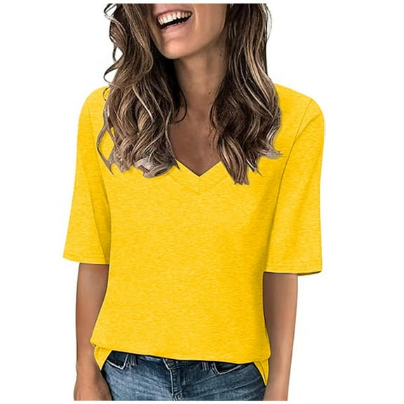 Loopsun Womens Summer Top Plus Size, T Shirts for Women, Women's Fashion Tees Casual V Neck Loose T Shirt Half Sleeve Top Yellow XXL