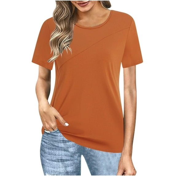 Loopsun Womens Summer Top Plus Size, T Shirts for Women, Women's Solid Color Round Neck Short Sleeve T-shirt Button Summer Fashion Top Orange XXXL