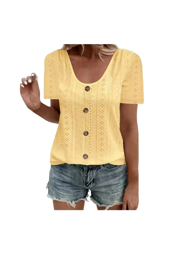 Womens Summer Top Plus Size, T Shirts for Women, Womens Fashion Summer Short Sleeve Round Neck Solid Casaul Top T-shirt Yellow XXXL