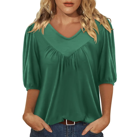 Loopsun Womens Summer Top, Tshirts for Women, Women Half Sleeve Loose Pullover Solid V Neck Blouse Shirt Green XXL