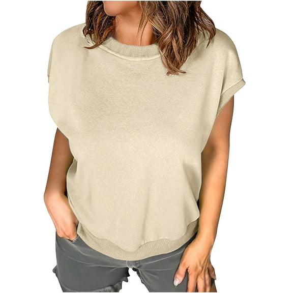 Loopsun Womens Summer Top, Tshirts for Women, Womens Casual Solid Short Sleeve Round Neck Pullover Top Beige L