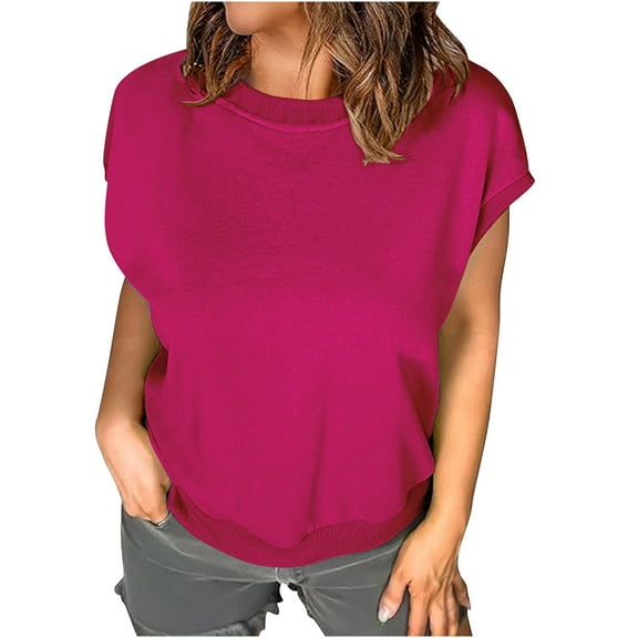 Loopsun Womens Summer Top, Tshirts for Women, Womens Casual Solid Short Sleeve Round Neck Pullover Top Hot Pink M