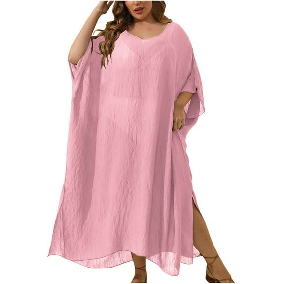 Loopsun Womens Swimsuits, Swimsuit Coverup for Women, Women's Fashion Casual Large Size Solid Loose Beach Holiday Slit Floor Long Dress Cover Ups Pink Free Size