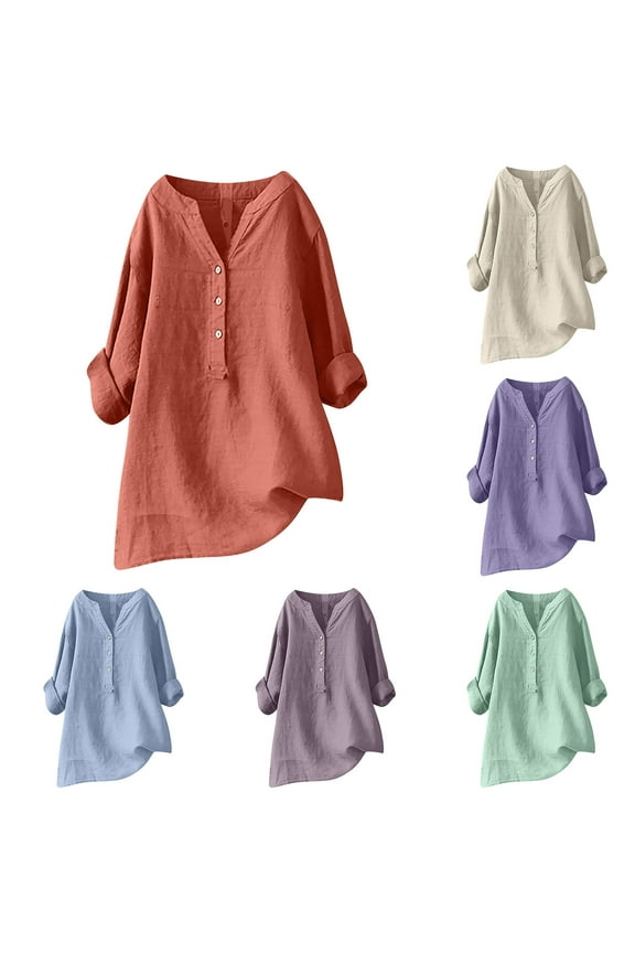 Womens T Shirts, Womens Linen Tops, Cotton and Linen V-Neck Half Sleeve Solid Loose Button Pullover Blue A