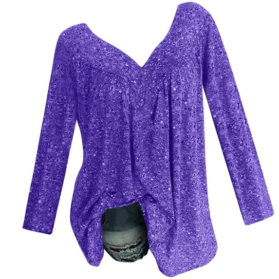 Loopsun Womens Top, Shirts for Women, Women Plus Size Long Sleeved V-Neck Print Blouse Pullover Tops Shirt Purple