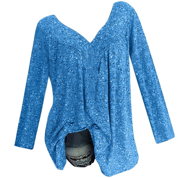Loopsun Womens Top, Shirts for Women, Women Plus Size Long Sleeved V-Neck Print Blouse Pullover Tops Shirt Sky Blue