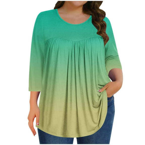 Loopsun Womens Tops Plus Size, Womens 3/4 Sleeve T Shirts, Women's Gradient Printed 3/4 Sleeve Round Neck Casual T-shirt Green L