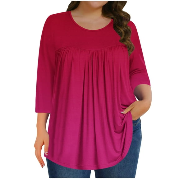 Loopsun Womens Tops Plus Size, Womens 3/4 Sleeve T Shirts, Women's Gradient Printed 3/4 Sleeve Round Neck Casual T-shirt Hot Pink XXL