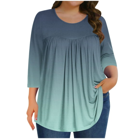 Loopsun Womens Tops Plus Size, Womens 3/4 Sleeve T Shirts, Women's Gradient Printed 3/4 Sleeve Round Neck Casual T-shirt Mint Green XXXL