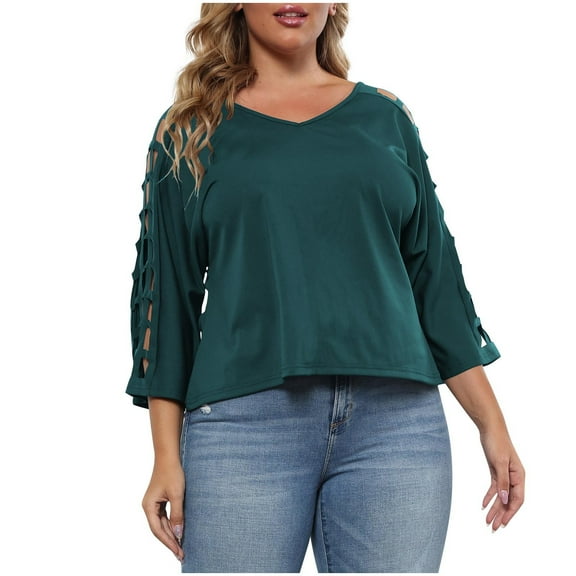 Loopsun Womens Tops Plus Size, Womens 3/4 Sleeve T Shirts, Women's Solid Hollow Shoulder 3/4 Sleeve V-Neck Blouse Top Green XXXL