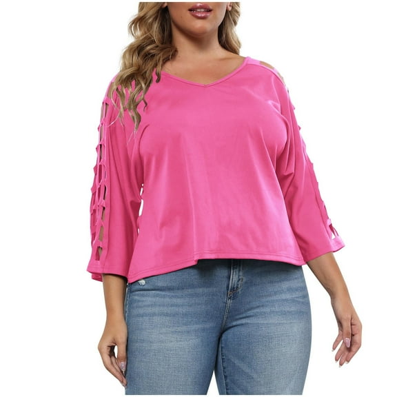 Loopsun Womens Tops Plus Size, Womens 3/4 Sleeve T Shirts, Women's Solid Hollow Shoulder 3/4 Sleeve V-Neck Blouse Top Hot Pink XXXXL