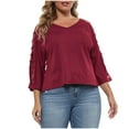 thumbnail image 1 of Loopsun Womens Tops Plus Size, Womens 3/4 Sleeve T Shirts, Women's Solid Hollow Shoulder 3/4 Sleeve V-Neck Blouse Top Red XXXL, 1 of 5
