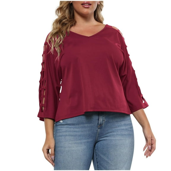 Loopsun Womens Tops Plus Size, Womens 3/4 Sleeve T Shirts, Women's Solid Hollow Shoulder 3/4 Sleeve V-Neck Blouse Top Red XXXL