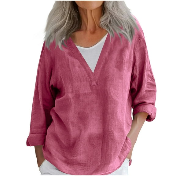 Loopsun Womens Tops Plus Size, Womens Long Sleeve Linen Shirts, Womens Summer Solid V Neck Long Sleeve Casual Cotton and Linen Loose Top Hot Pink S