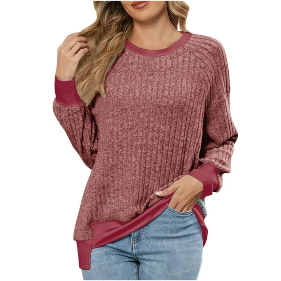 Loopsun Womens Tops Plus Size, Womens Long Sleeve T Shirts, Women's Fashion Solid Long Sleeve Round Neck Casual T-shirt Top Red XL