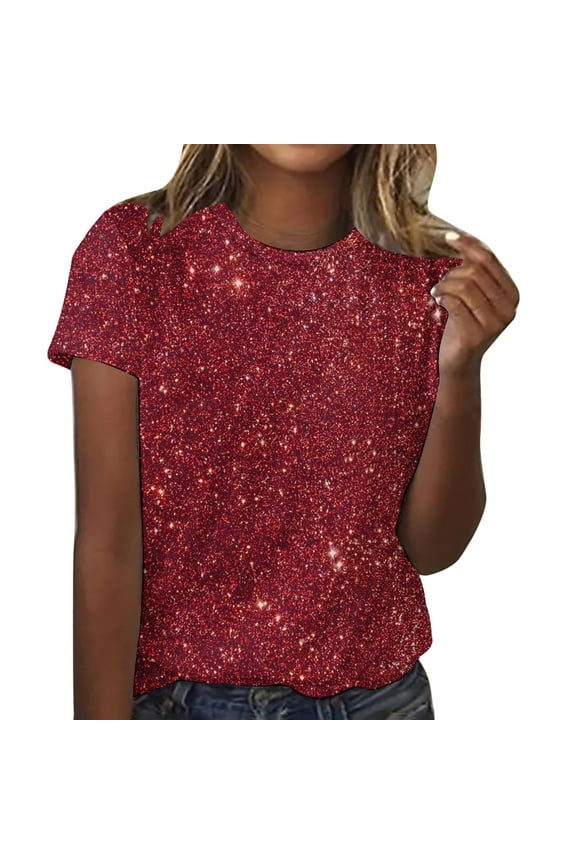 Womens Tops, T Shirts for Women, Women's Sequin Printed Blouses Short Sleeve Fashionable Round Neck Tops Red XL