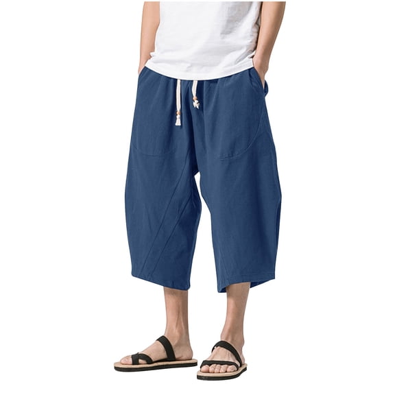 Mens Plus Size Cotton Capri Pants Summer Casual Loose Baggy Capris Pants Elastic Waist Pants for Men