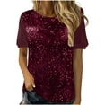 thumbnail image 1 of TAGOLD Womnes Plus Size Tops,Women's New Solid Color Sequined Velvet Patchwork Round Neck Short Sleeved T-shirt, 1 of 5