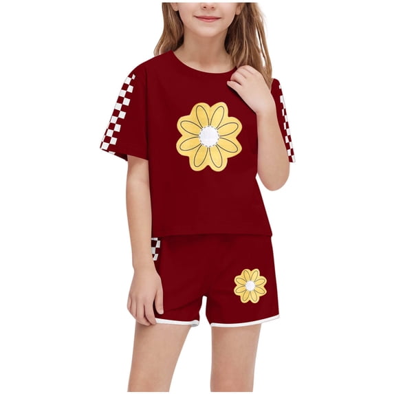 THDHVS Girls Casual Outfits,Summer Outfits Sets for Kids,Toddler Girls Summer Outfits Ruffle Short Sleeve T-Shirts Tops Floral Shorts 2Pcs Clothes Set Wine 5-6 Years