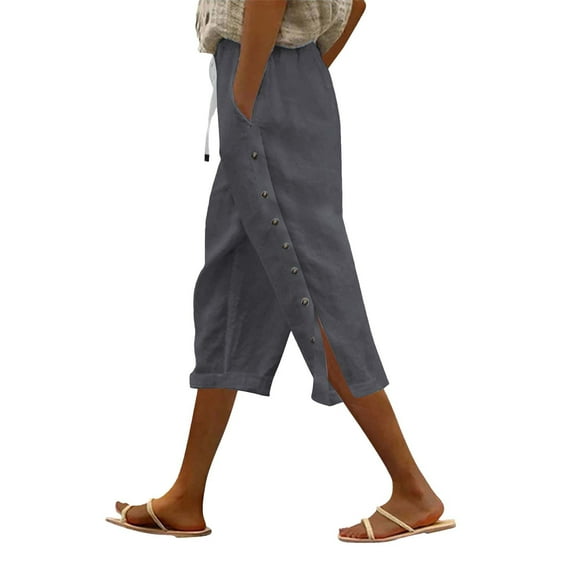 THDHVS Bermuda Shorts for Women,Women's Shorts,Fashion Summer Bandage Elastic Waist Comfortable Pocket Pants Casual Detailed Side Button Solid Pant Capris Dark Gray M