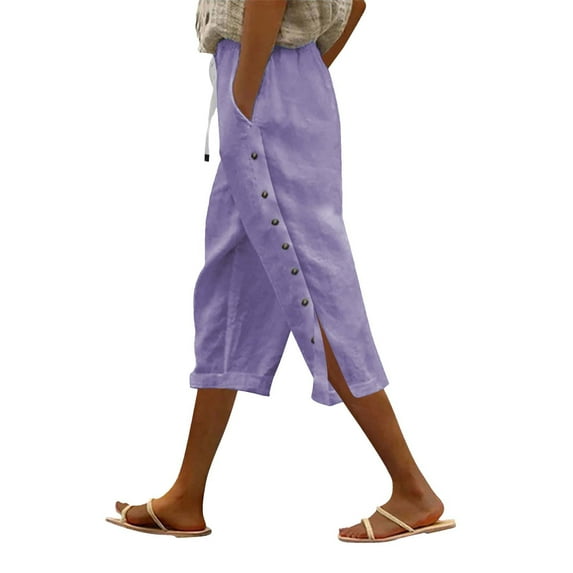 THDHVS Bermuda Shorts for Women,Women's Shorts,Fashion Summer Bandage Elastic Waist Comfortable Pocket Pants Casual Detailed Side Button Solid Pant Capris Purple M
