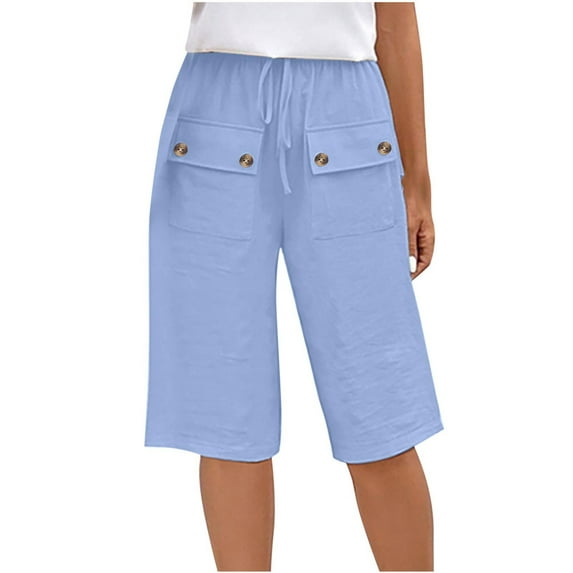 THDHVS Bermuda Shorts for Women,Womens Shorts,Womens Solid Color Casual Shorts Summer Comfy Cotton Linen Elastic Waist Drawstring Shorts with Pockets Blue S