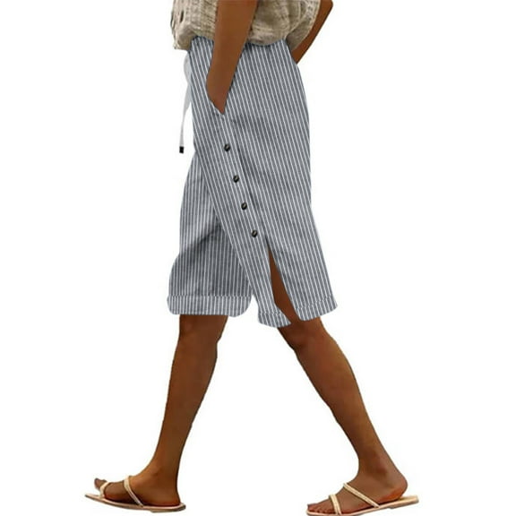 THDHVS Bermuda Shorts for Women,Women's Shorts,Striped and Linen Pants with Adjustable Buttons The Side Dark Gray L