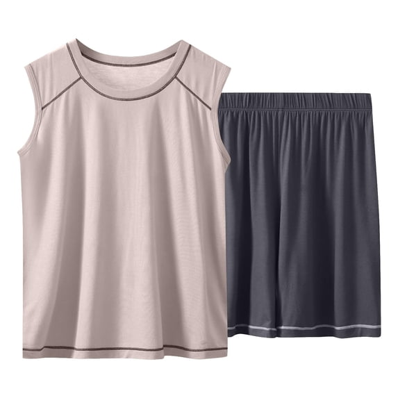 THDHVS Boys Casual Outfits,Boy's Solid Color Sleeveless Elastic Waist Shorts Summer Sports and Leisure Suit Set Khaki