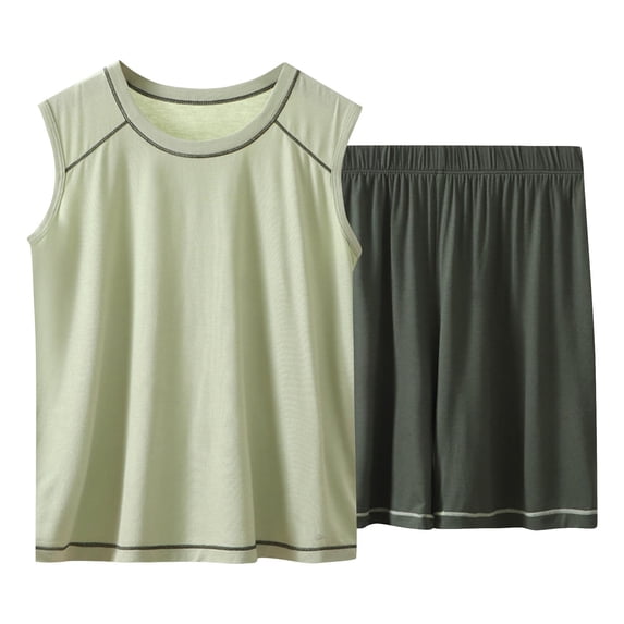 THDHVS Boys Casual Outfits,Summer Outfits for Kids,Boy's Solid Color Sleeveless Elastic Waist Shorts Summer Sports and Leisure Suit Set Green